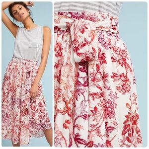 ANTHROPOLOGIE L MAEVE Staycation Floral Stopwatch Red Motif Midi Pocket Skirt